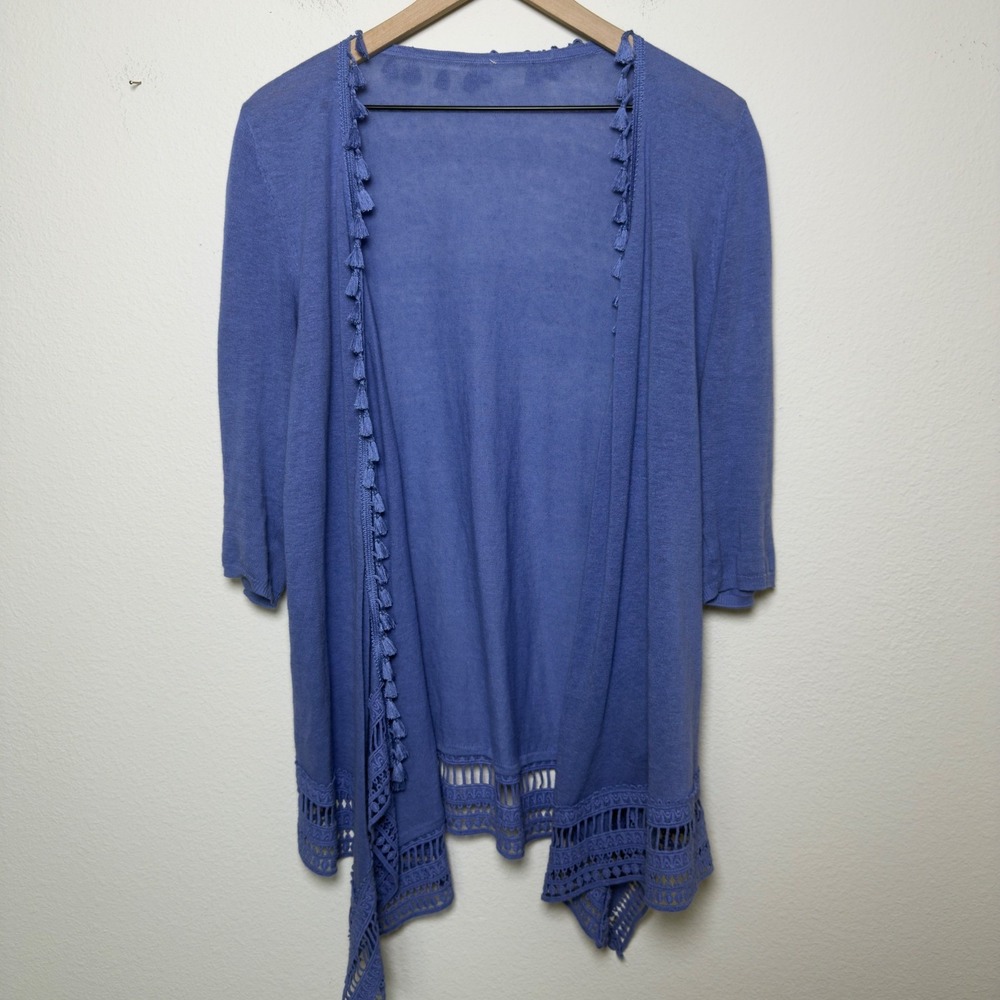 Chicos Women Linen Cotton Cardigan Sweater XL Blue Tassel Trim Crochet 3 Coastal